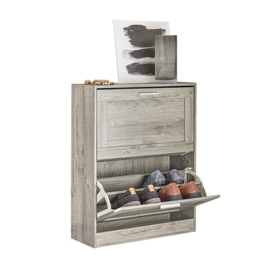 SoBuy FSR137-HG Armoire à Chaussures 2 Abattants Réglables, Slim pour Entrée Couloir – Gris Effet Bois