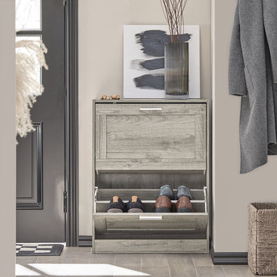 SoBuy FSR137-HG Armoire à Chaussures 2 Abattants Réglables, Slim pour Entrée Couloir – Gris Effet Bois