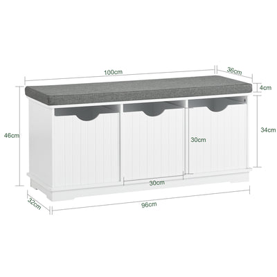 SoBuy FSR30-W Banc pentru Pantofi cu Pernă Căptușită și 3 Compartimente de Depozitare pentru Hol – 100x36x46 cm, Alb