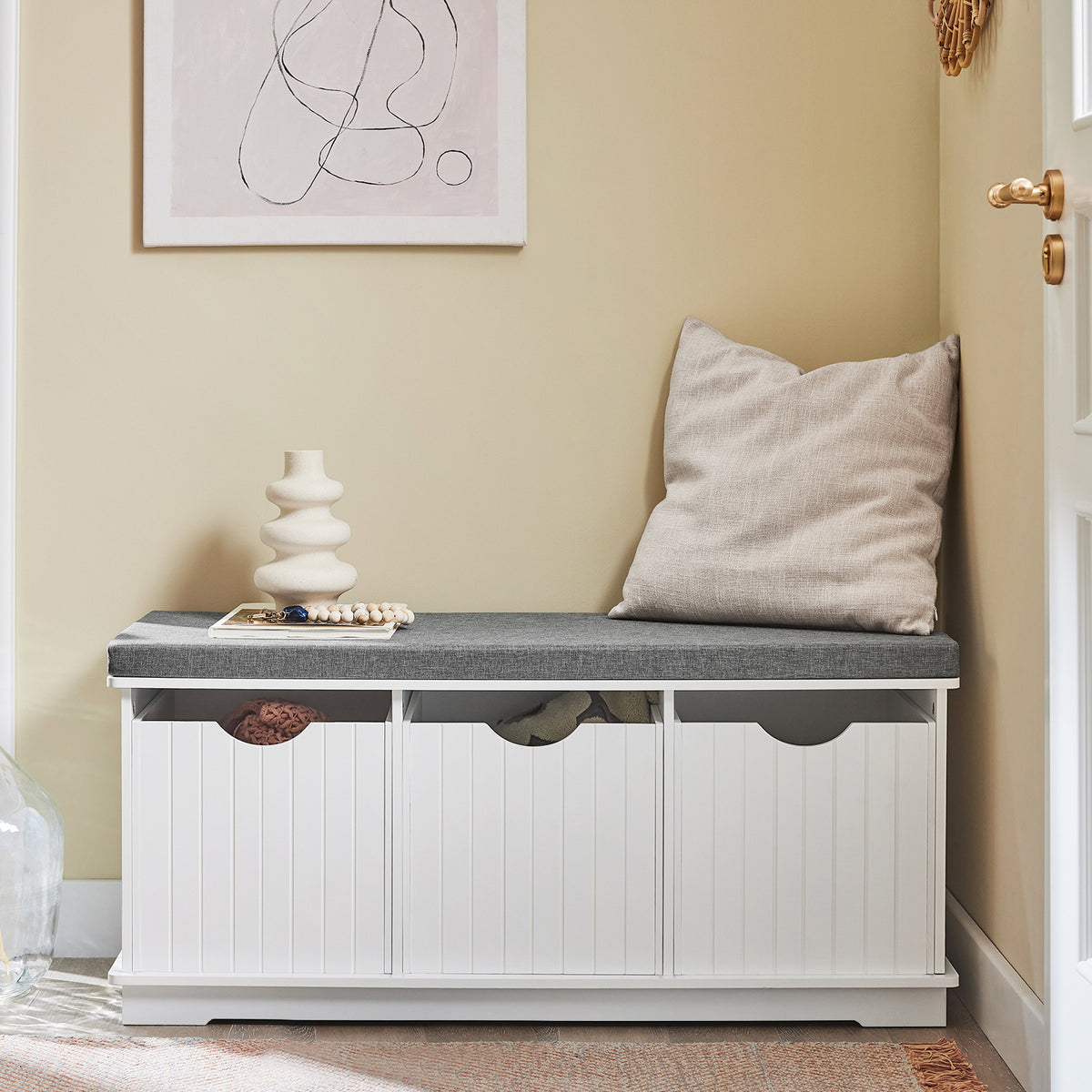 SoBuy FSR30-W Banc pentru Pantofi cu Pernă Căptușită și 3 Compartimente de Depozitare pentru Hol – 100x36x46 cm, Alb