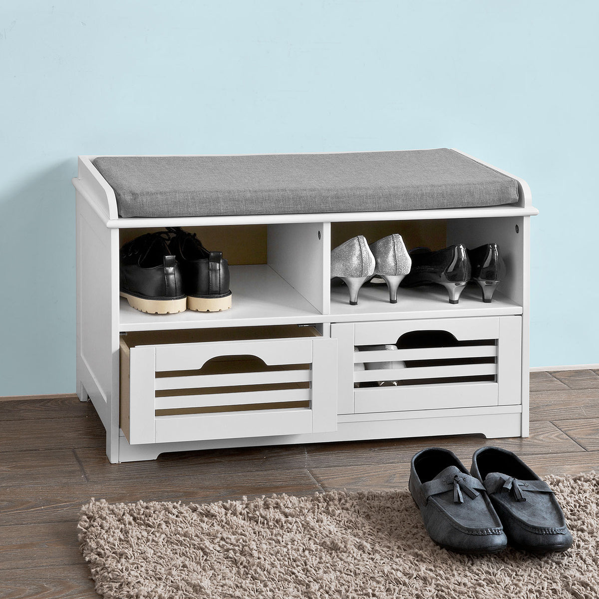 SoBuy FSR36-K-W Banc à Chaussures avec Coussin Rembourré et Rangement, Meuble d'Entrée Compact – 71x35x43 cm, Blanc