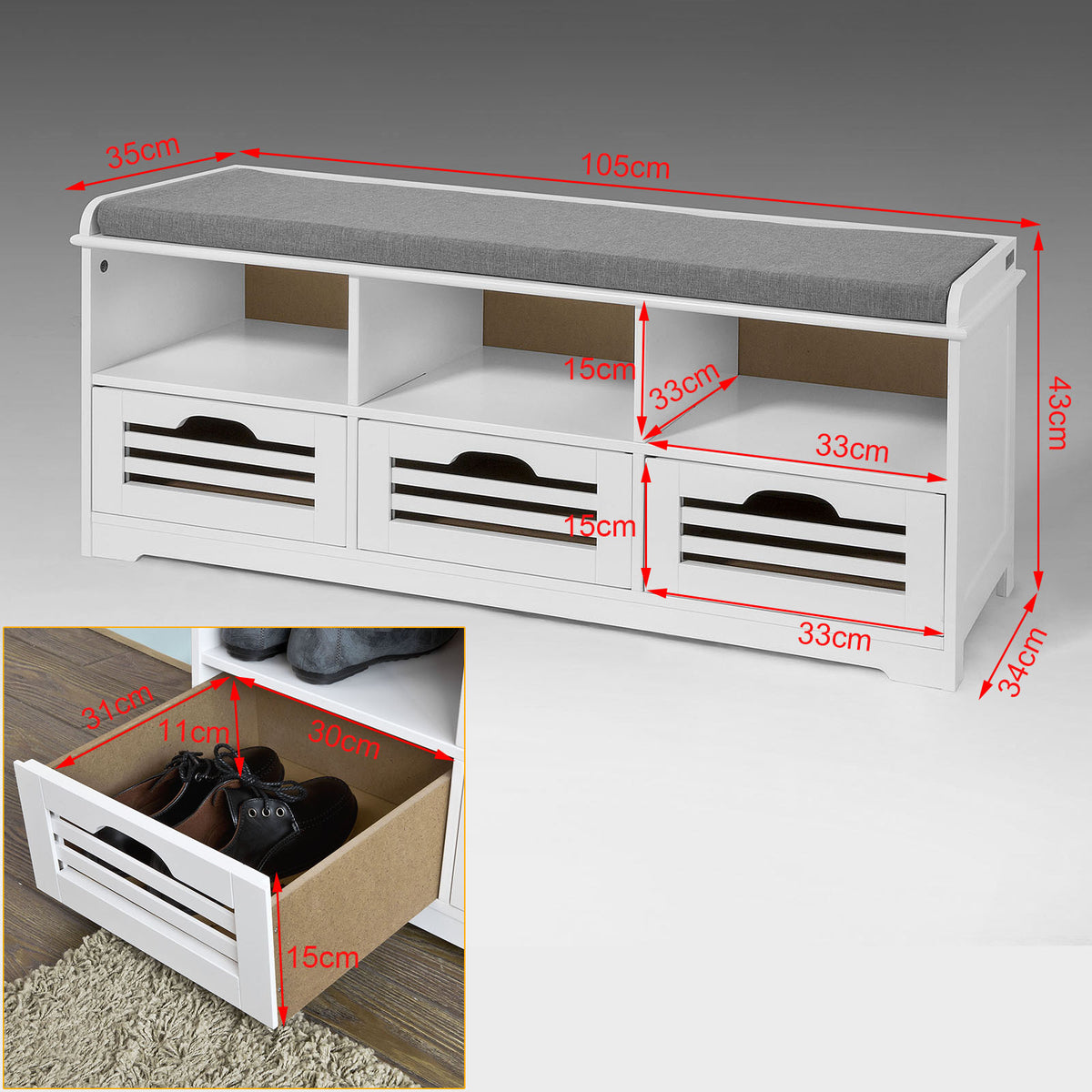 SoBuy FSR36-W Banc pentru Pantofi cu Pernă Căptușită și Spațiu de Depozitare, Mobilier de Intrare – 105x35x43 cm, Alb