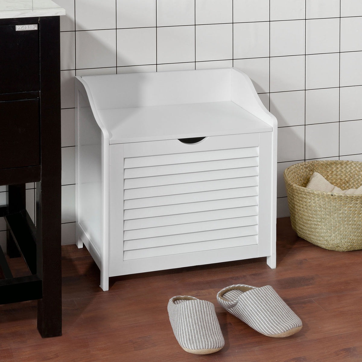 SoBuy FSR40-W Banc de Rangement avec Coussin Rembourré et Sac à Linge Amovible pour Entrée – 50x35x53 cm, Blanc