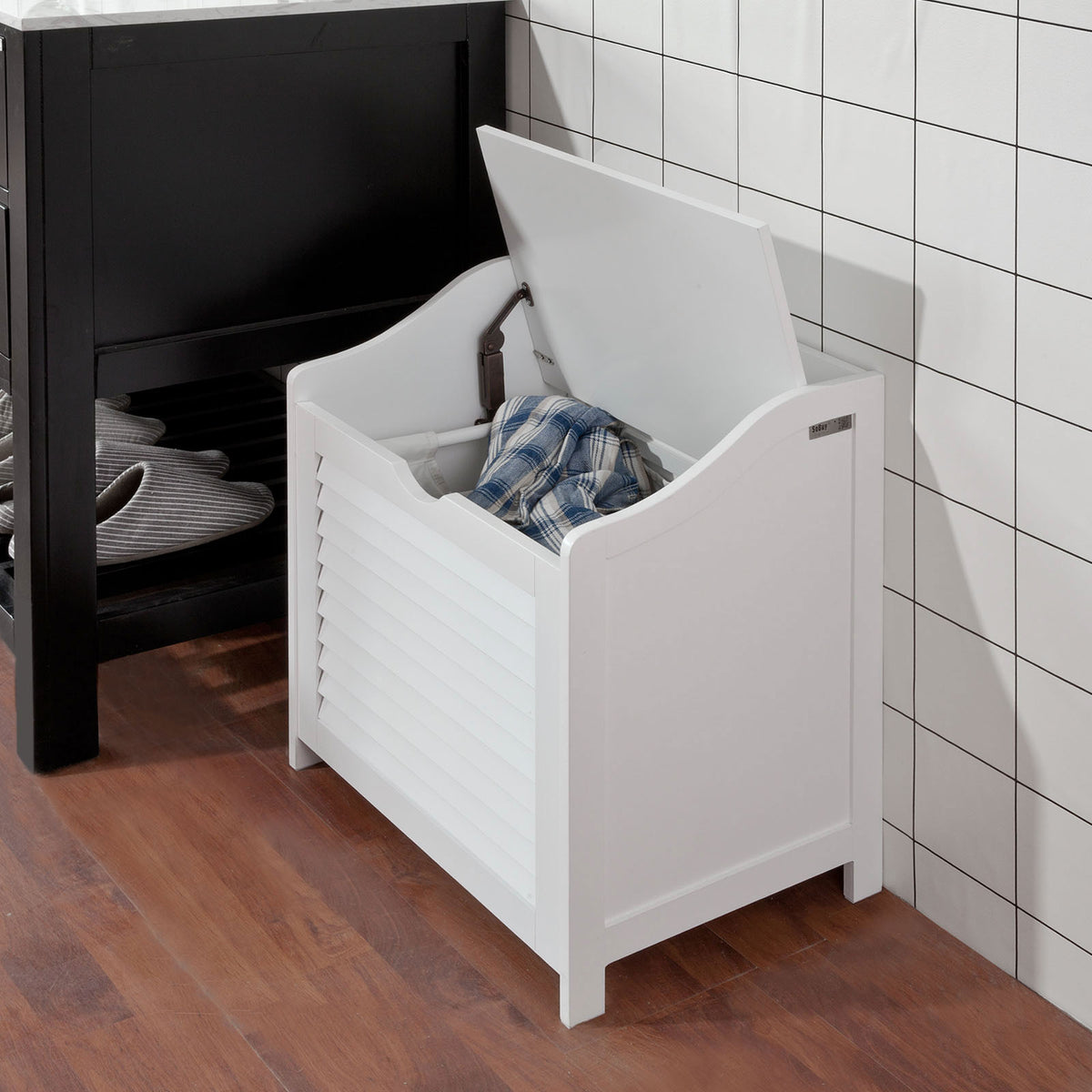 SoBuy FSR40-W Banc de Rangement avec Coussin Rembourré et Sac à Linge Amovible pour Entrée – 50x35x53 cm, Blanc