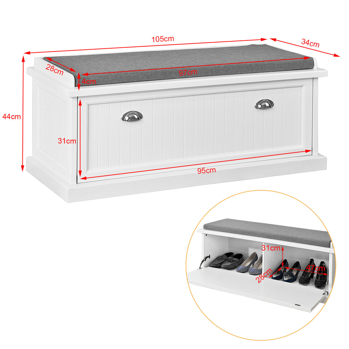 SoBuy FSR41-W Banc de Pantofi cu Pernă Căptușită și Spațiu de Depozitare pentru Hol/Antreu – 105x34x44 cm, Alb