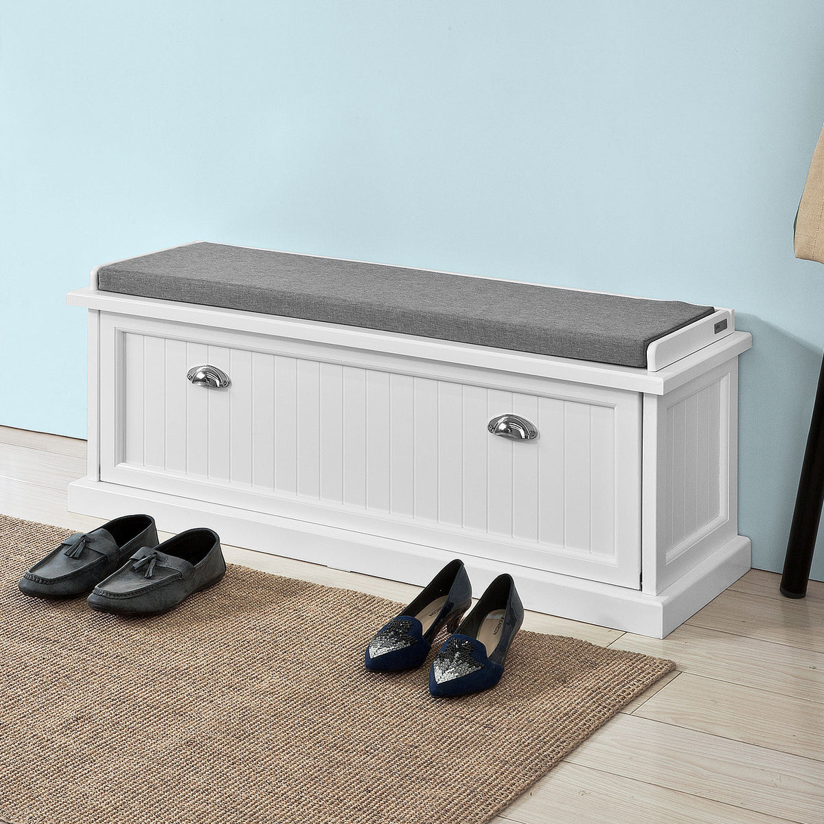 SoBuy FSR41-W Banc de Pantofi cu Pernă Căptușită și Spațiu de Depozitare pentru Hol/Antreu – 105x34x44 cm, Alb