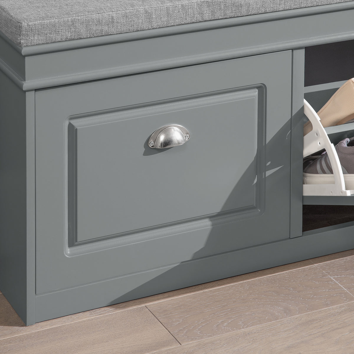SoBuy FSR64-HG Banc pentru Pantofi 104cm – 2 Uși cu Rabat, Pernă Detașabilă, 150kg, Certificat FSC®, Subțire 24cm – Gri