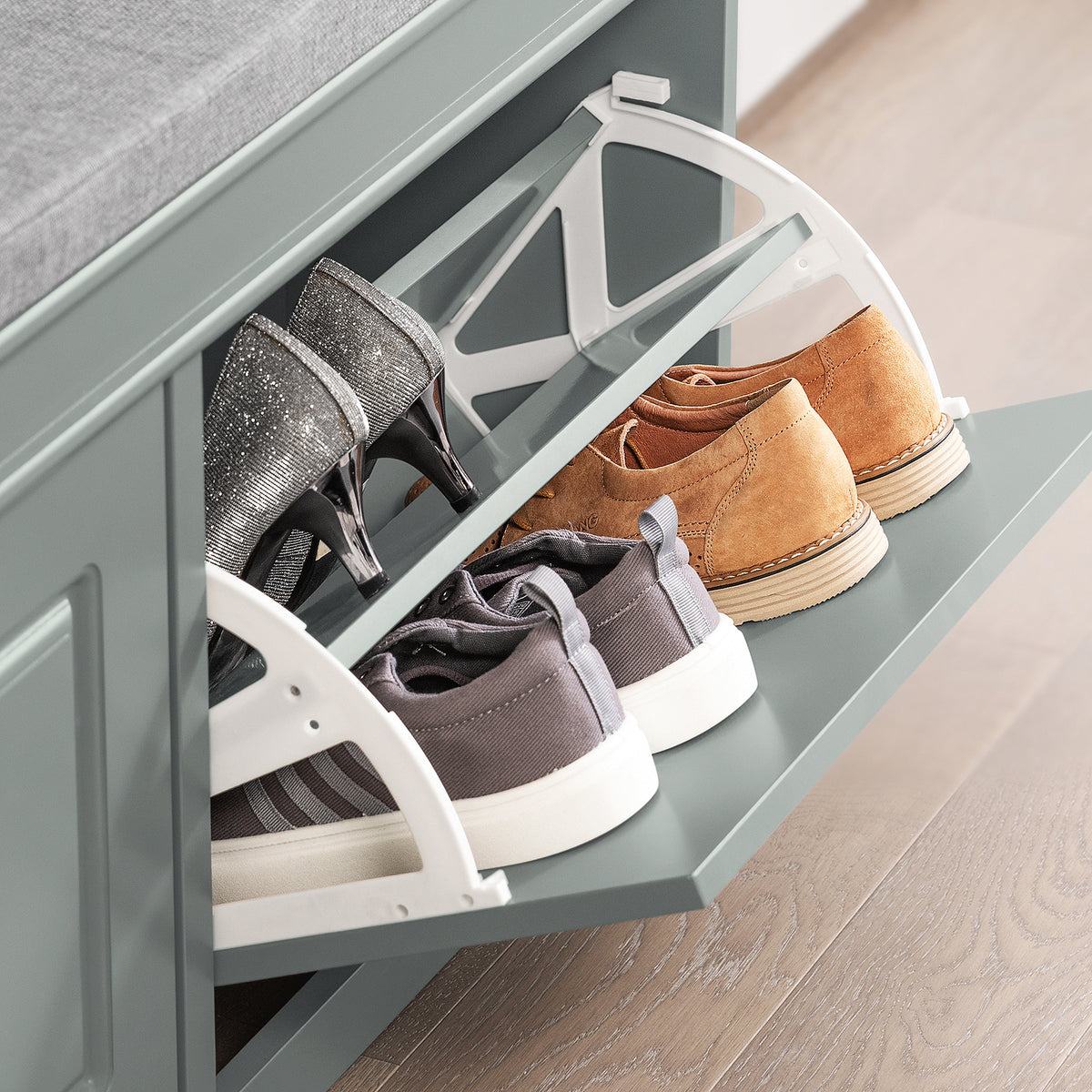 SoBuy FSR64-HG Banc pentru Pantofi 104cm – 2 Uși cu Rabat, Pernă Detașabilă, 150kg, Certificat FSC®, Subțire 24cm – Gri