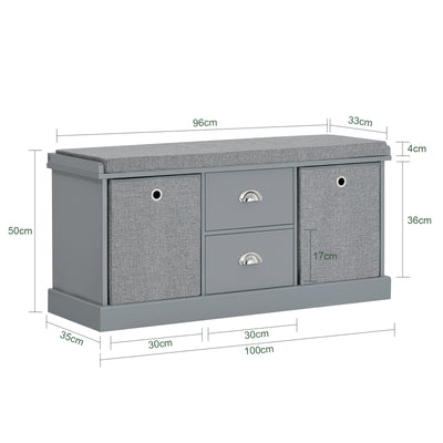 SoBuy FSR66-DG Banc de Rangement avec Coussin Rembourré, 2 Tiroirs et 2 Paniers Meuble Bas Entrée Commode à Chaussure Banquette Confortable