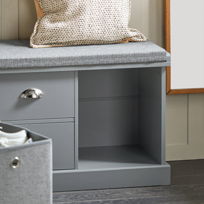 SoBuy FSR66-DG Banc de Rangement avec Coussin Rembourré, 2 Tiroirs et 2 Paniers Meuble Bas Entrée Commode à Chaussure Banquette Confortable