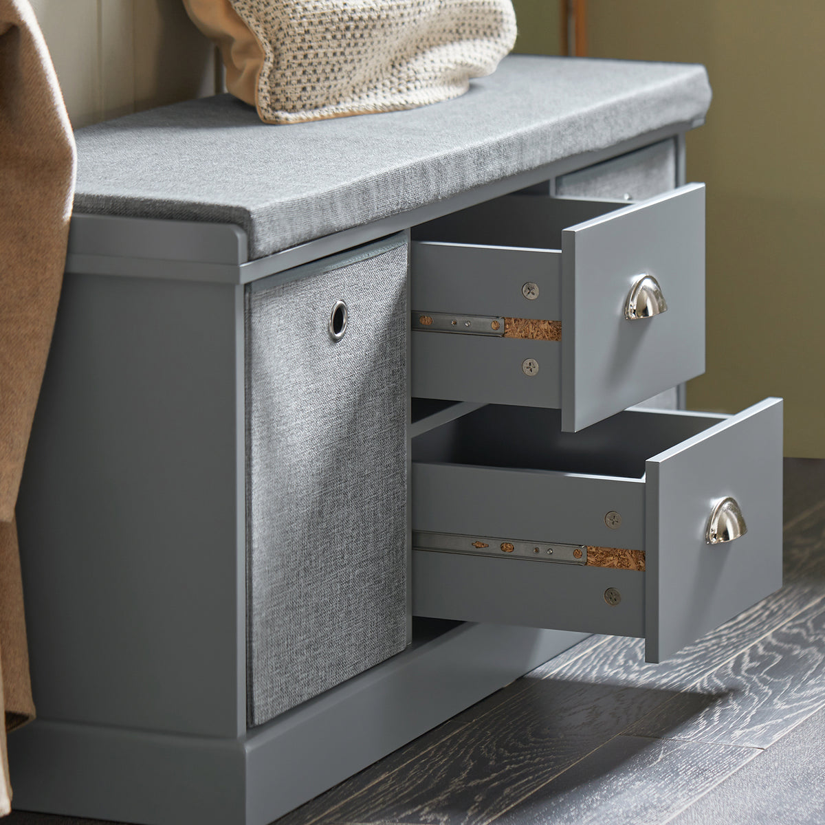 SoBuy FSR66-DG Banc de Rangement avec Coussin Rembourré, 2 Tiroirs et 2 Paniers Meuble Bas Entrée Commode à Chaussure Banquette Confortable