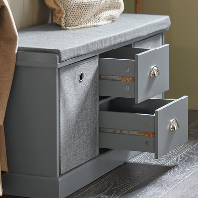 SoBuy FSR66-DG Banc de Rangement avec Coussin Rembourré, 2 Tiroirs et 2 Paniers Meuble Bas Entrée Commode à Chaussure Banquette Confortable
