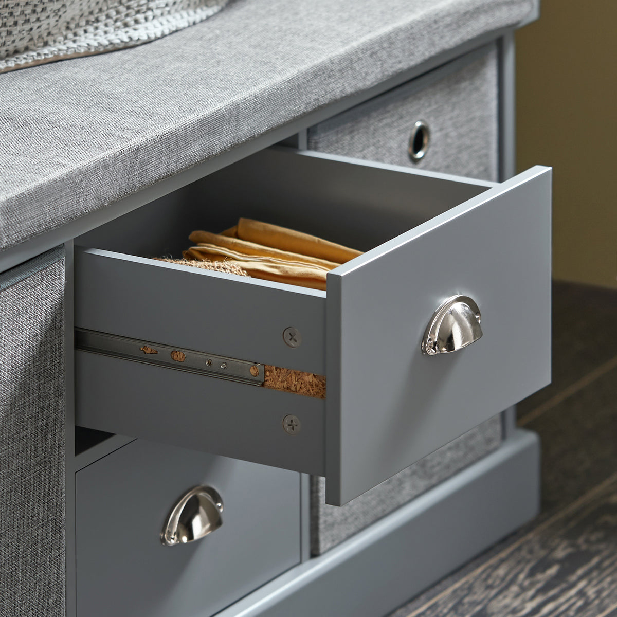 SoBuy FSR66-DG Banc de Rangement avec Coussin Rembourré, 2 Tiroirs et 2 Paniers Meuble Bas Entrée Commode à Chaussure Banquette Confortable