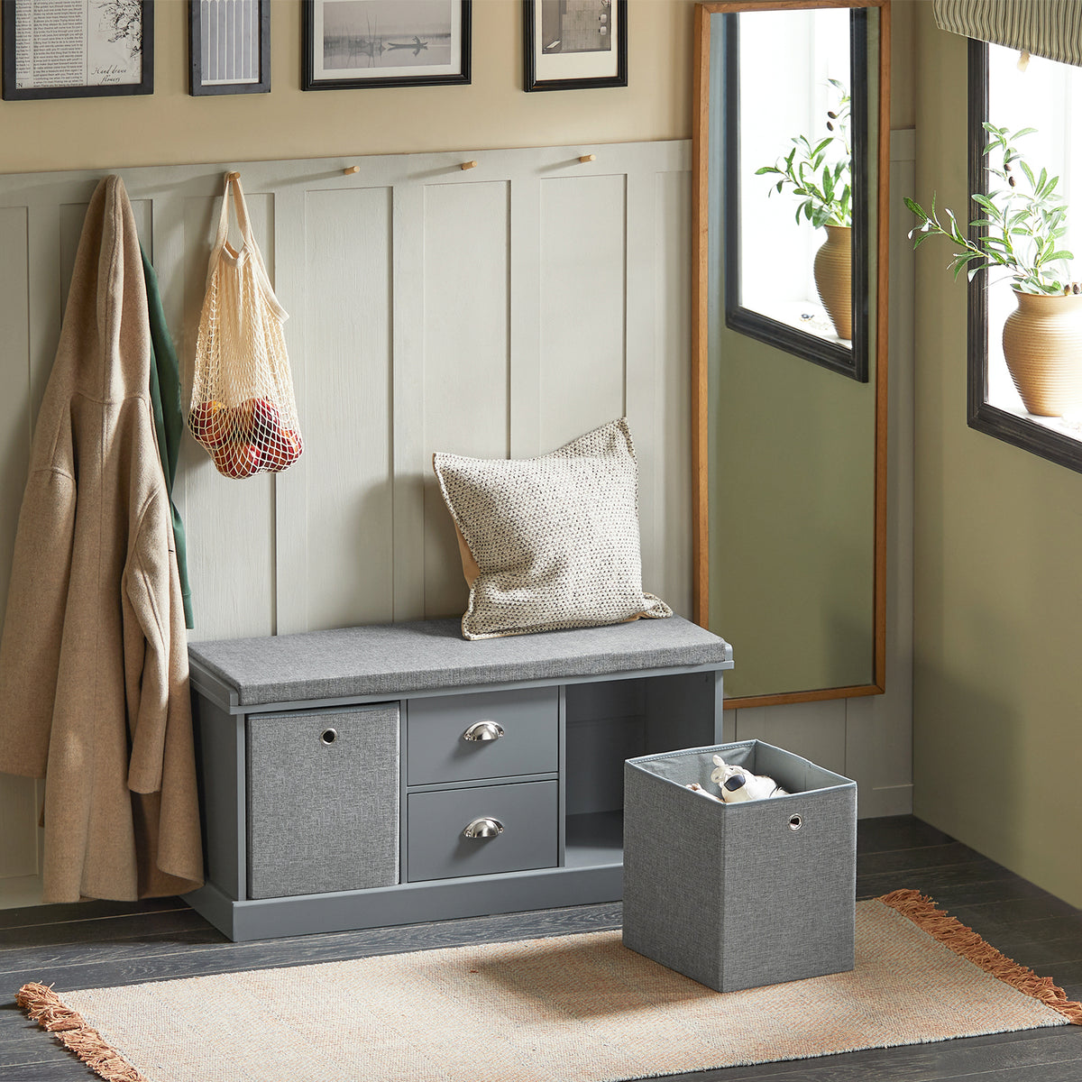 SoBuy FSR66-DG Banc de Rangement avec Coussin Rembourré, 2 Tiroirs et 2 Paniers Meuble Bas Entrée Commode à Chaussure Banquette Confortable