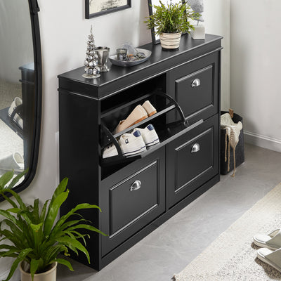 SoBuy FSR79-SCH Dulap pantofi cu 4 uși rabatabile, Suport pentru 16 perechi, pentru hol - 105x24x83 cm, Negru