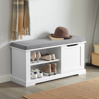 SoBuy FSR84-W Banc à Chaussures avec Coussin Rembourré, 1 Porte et 2 Étagères pour Entrée Couloir – 80x30x45 cm, Blanc