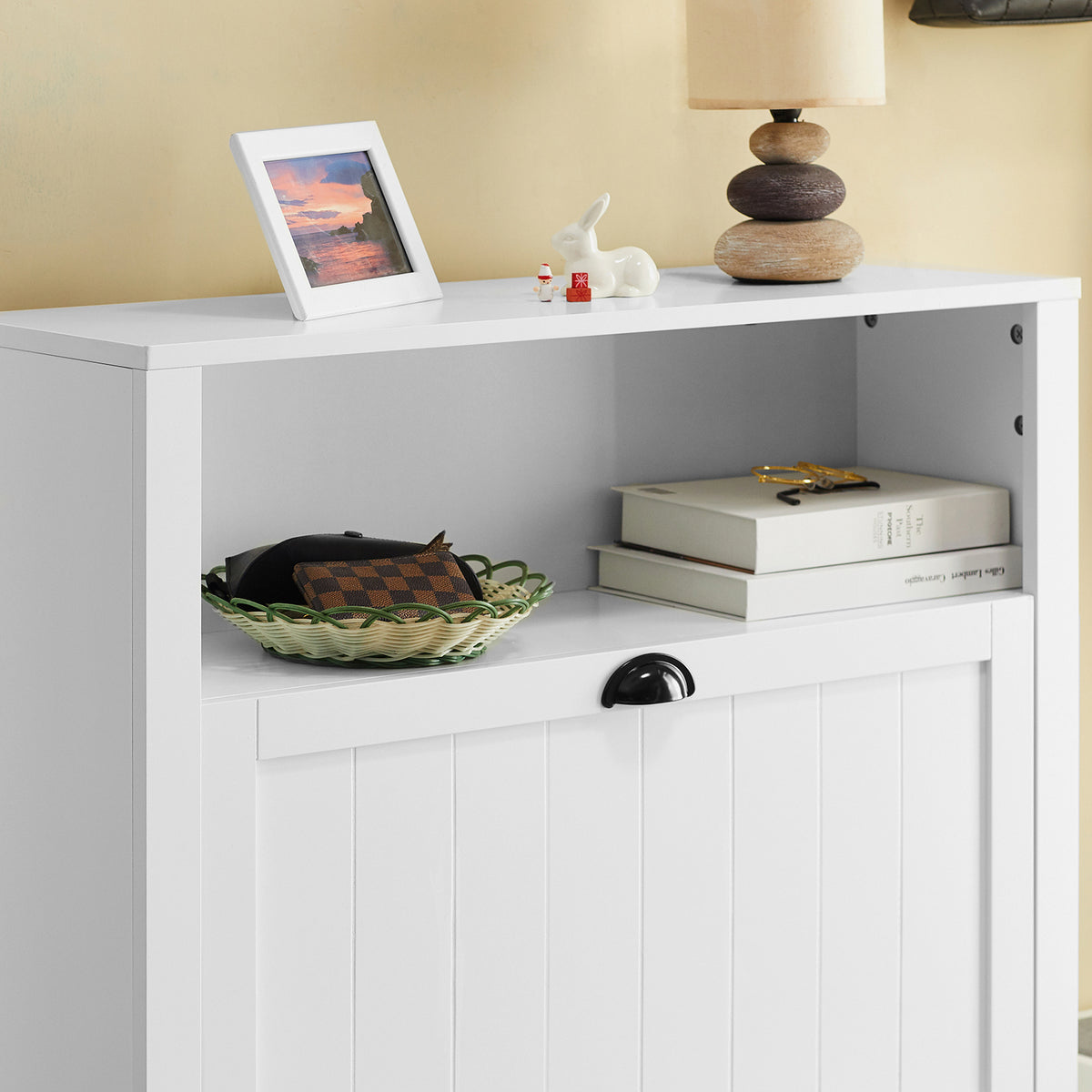SoBuy FSR87-W Dulap de pantofi cu 2 uși rabatabile și compartiment deschis pentru hol – 80x24x110 cm, Alb