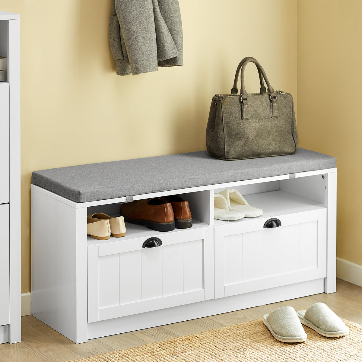 SoBuy FSR90-W Banc à Chaussures avec 2 Tiroirs et Assise pour Entrée Couloir – 110x35x47 cm, Blanc