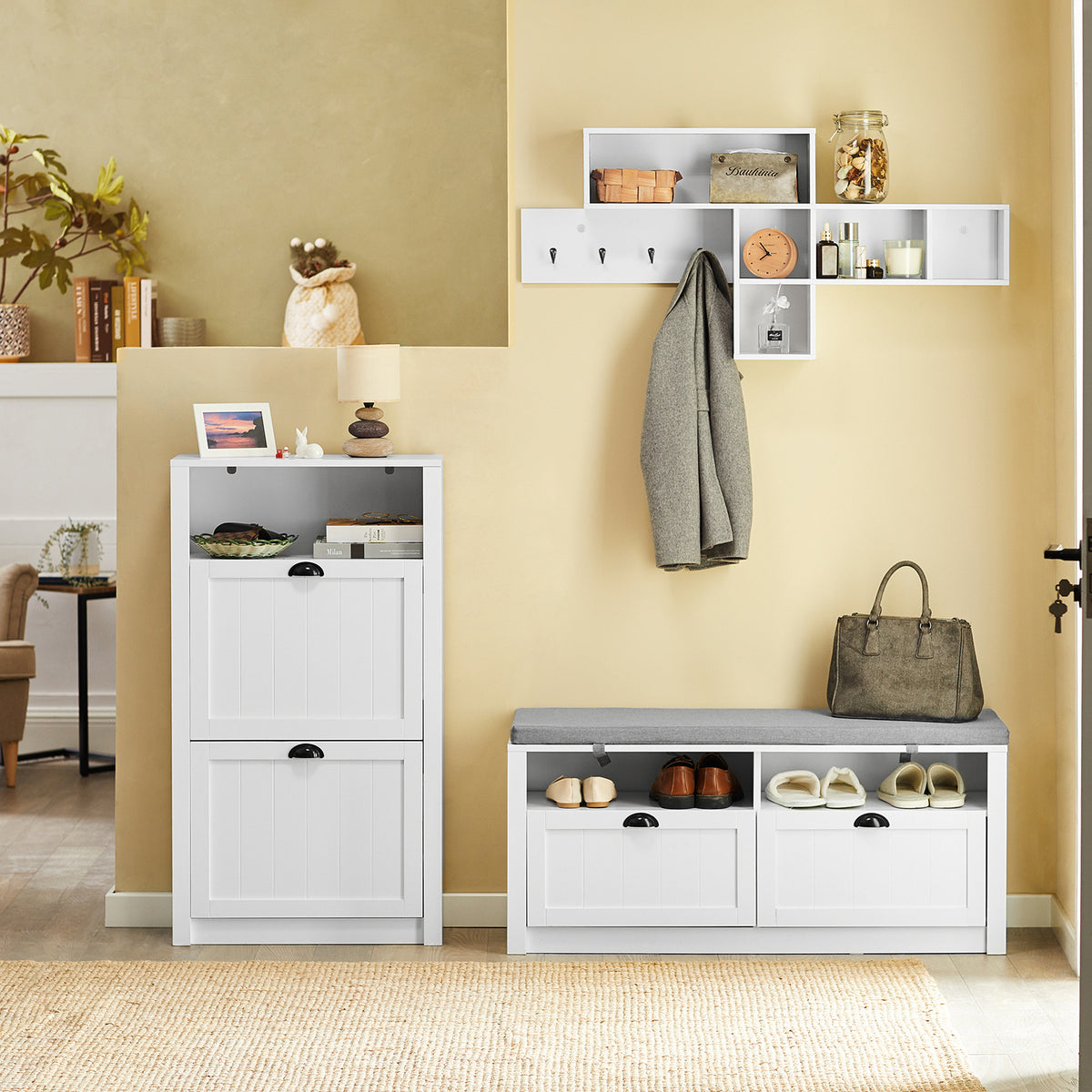 SoBuy FSR90-W Banc pentru Pantofi cu 2 Sertare și Șezut pentru Hol Intrare – 110x35x47 cm, Alb