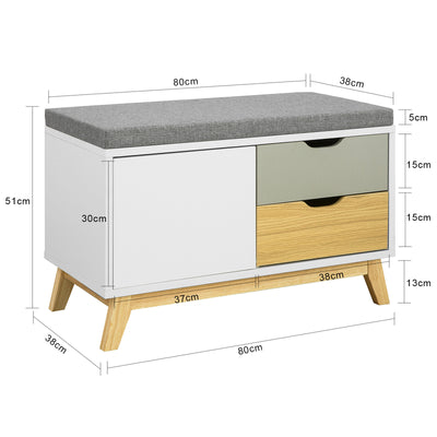 SoBuy FSR92-W Banchetă pentru Pantofi cu Pernă Căptușită, 2 Sertare și 1 Ușă pentru Intrare – 80x38x51 cm, Alb