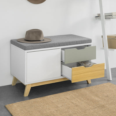 SoBuy FSR92-W Banchetă pentru Pantofi cu Pernă Căptușită, 2 Sertare și 1 Ușă pentru Intrare – 80x38x51 cm, Alb