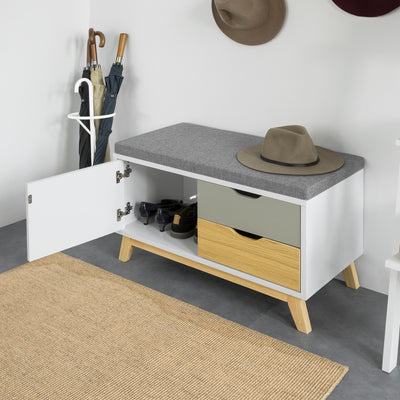 SoBuy FSR92-W Banchetă pentru Pantofi cu Pernă Căptușită, 2 Sertare și 1 Ușă pentru Intrare – 80x38x51 cm, Alb