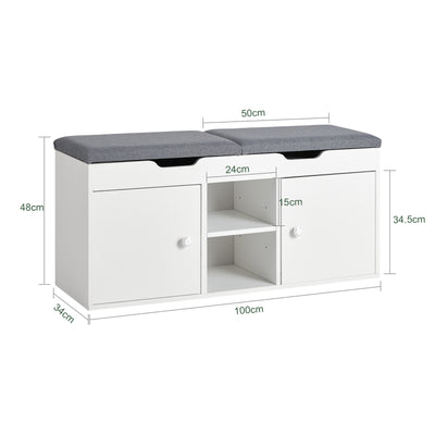 SoBuy FSR96-W Banc pentru Pantofi cu Pernă Căptușită, 2 Uși, 3 Rafturi Ajustabile – Organizator de Pantofi Modern pentru Mobilierul de Intrare – 150kg – Alb 100x34x47cm