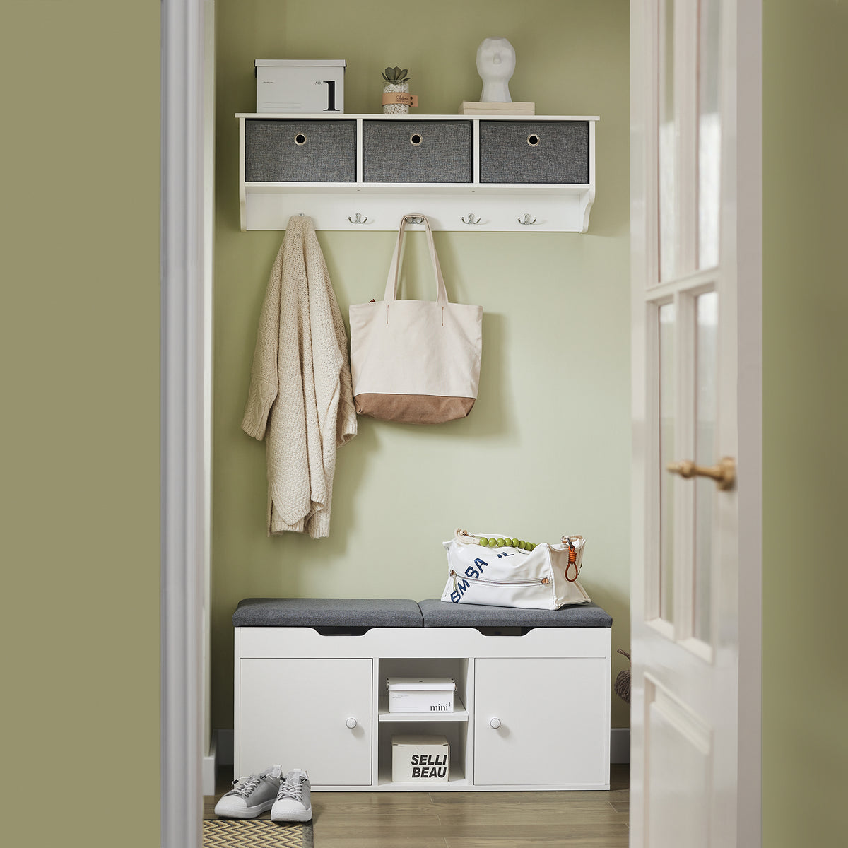 SoBuy FSR96-W Banc pentru Pantofi cu Pernă Căptușită, 2 Uși, 3 Rafturi Ajustabile – Organizator de Pantofi Modern pentru Mobilierul de Intrare – 150kg – Alb 100x34x47cm