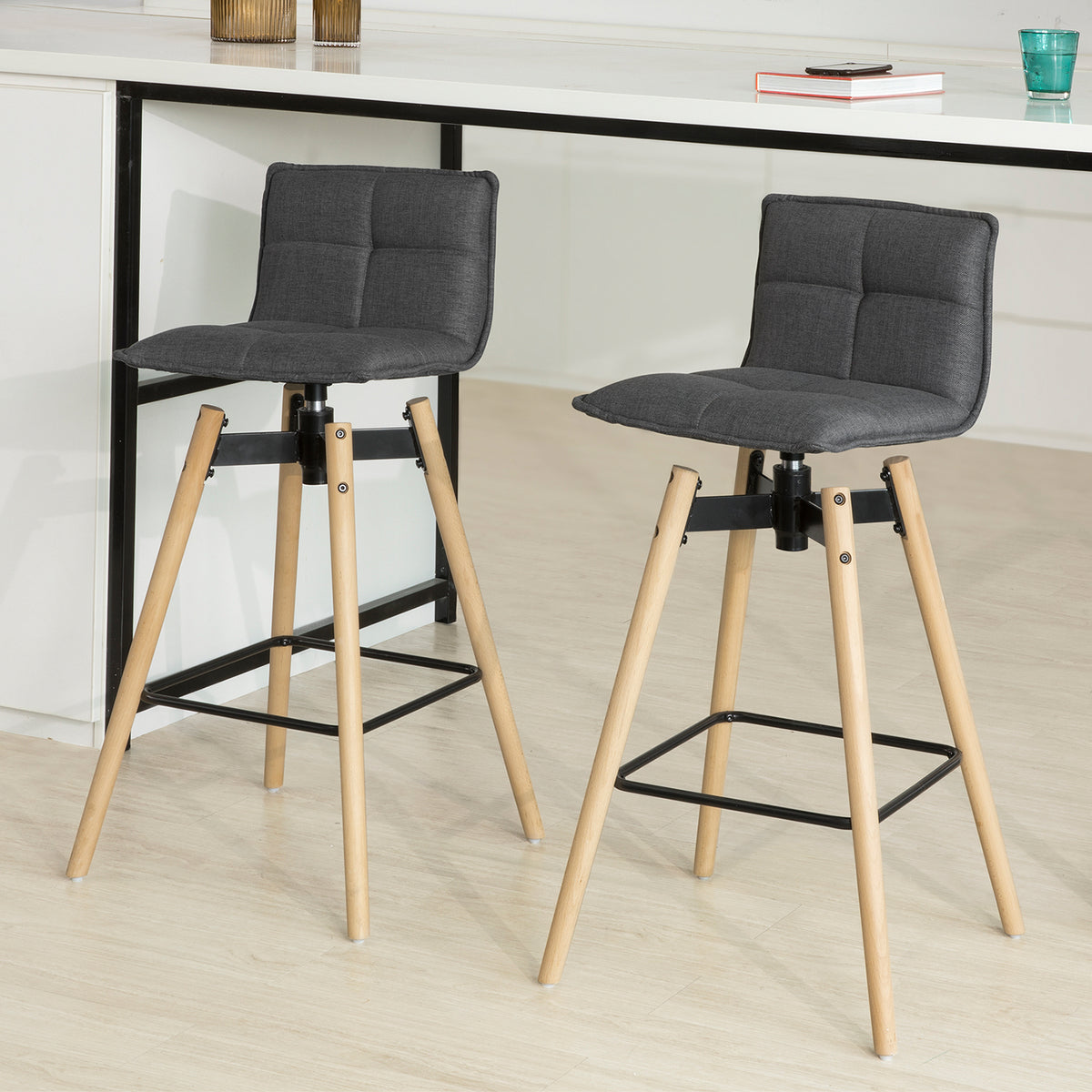 SoBuy FST45-DGx2 Set de 2 Scaune de Bar de Bucătărie Rotative cu Spătar și Suport pentru Picioare
