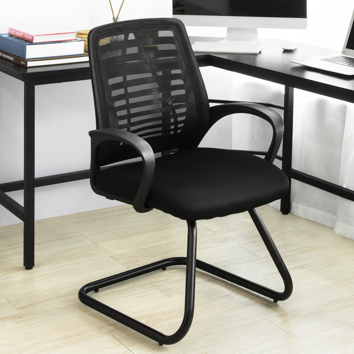 SoBuy FST83-Sch Scaun Cantilever din Plasă Scaun de Birou pentru Conferințe Fotoliu de Birou cu Șezut Tapițat