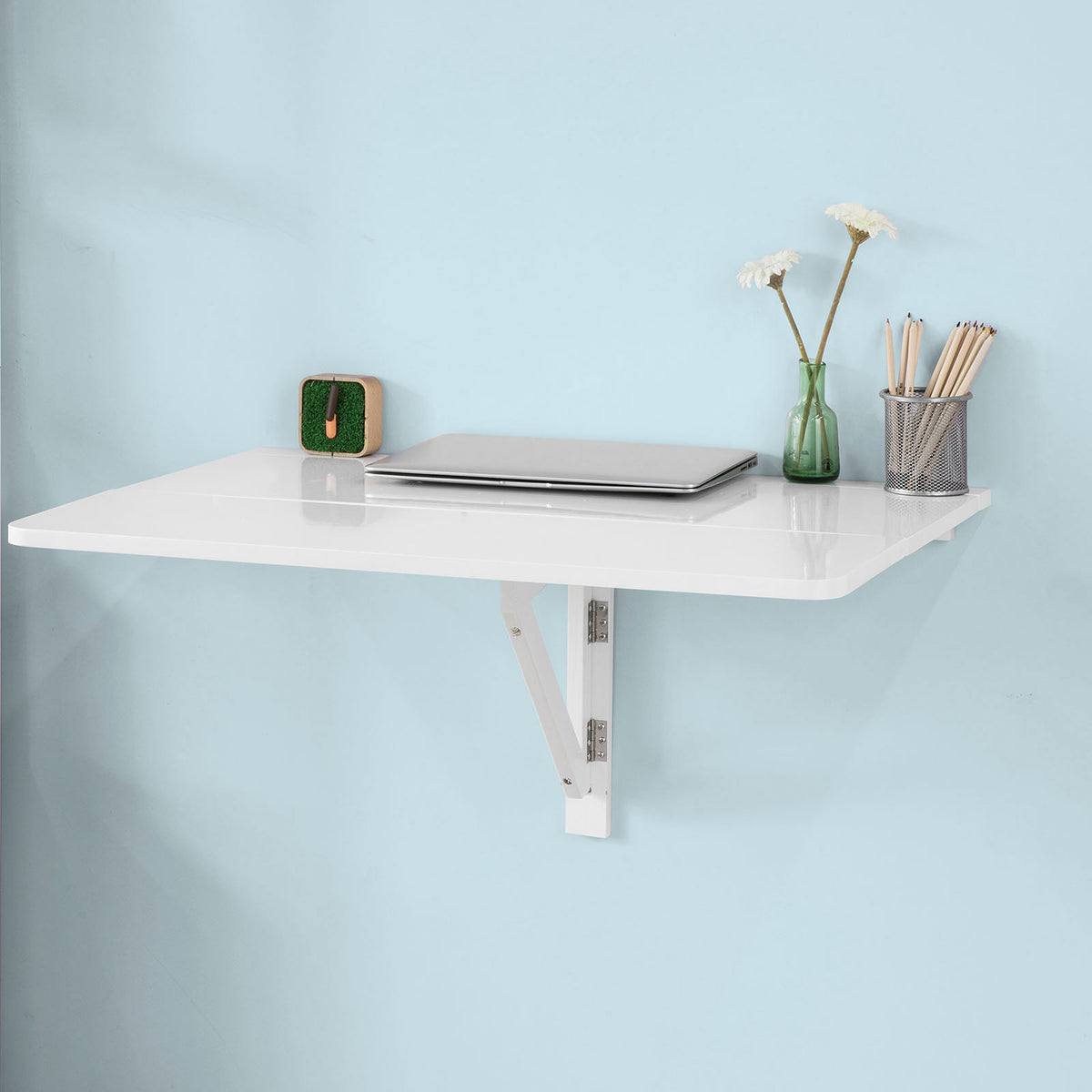 SoBuy FWT02-W Table murale rabattable en bois, double plateaux, plateau pliable, Blanc