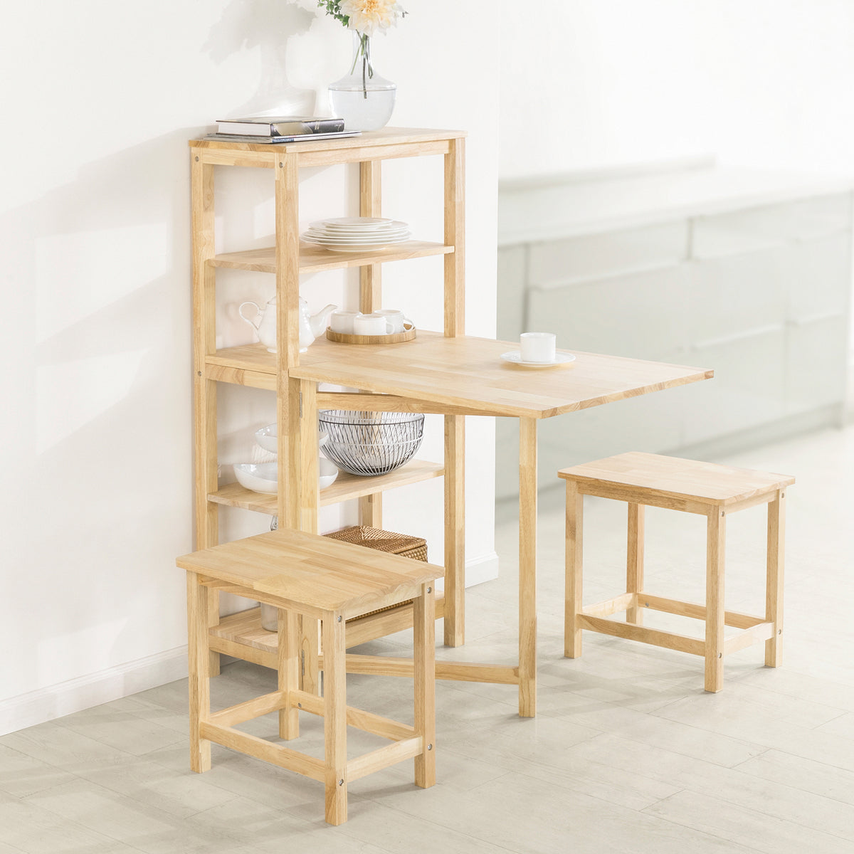 SoBuy FWT70-N Masă pliabilă pentru sufragerie cu rafturi laterale, Masă din lemn de hevea, Masă pliabilă, Masă din lemn pentru bucătărie, sufragerie, living și balcon, 60x98x126cm