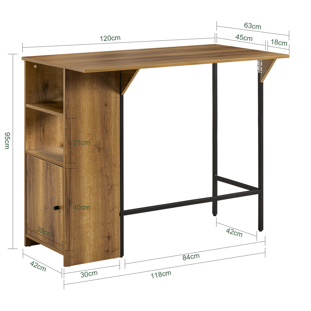 SoBuy FWT98-PF Masă Înaltă de Bucătărie cu Blat Extensibil – Masă Bar pentru Spații Mici, Masă Modernă pentru Sufragerie, Bar pentru Bucătărie, Living sau Cafenea 120 × 45/63 × 95cm