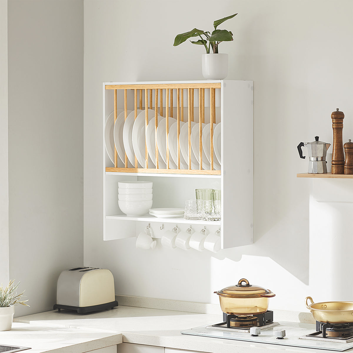 SoBuy KCR09-W Porte-Assiettes Mural avec Étagère et 7 Crochets – 11 Assiettes Ø35 cm, 64×24×71 cm, 10 kg, Blanc