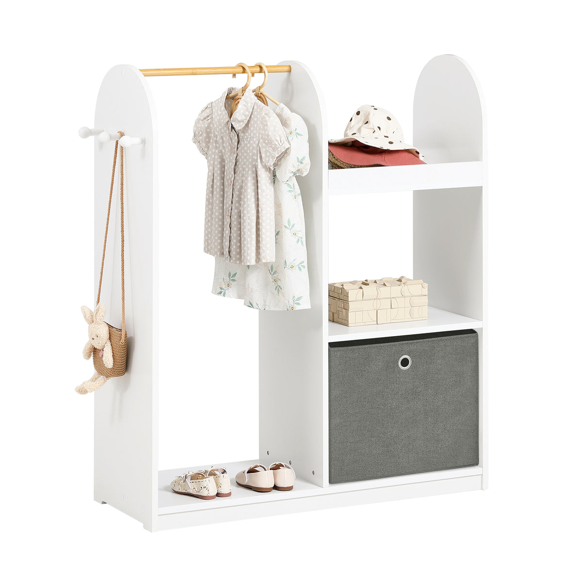 SoBuy KMB40-W Armoire Enfant Penderie Enfant avec Portant Vêtements Garde-Robe avec 3 Étagères Panier en Tissu et 3 Crochets 