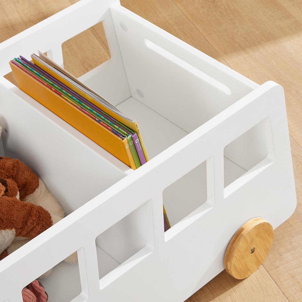SoBuy KMB41-W Cărucior Bibliotecă pentru Copii, Ladă cu Roți, Organizator pentru Jucării și Cărți, Formă de Mașinuță