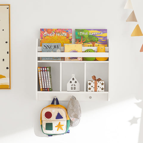 SoBuy Raftul de perete pentru copii cu 3 cârlige din garderobă cu rafturi pentru cărți și decorațiuni Alb 60x18x51cm KMB46-W