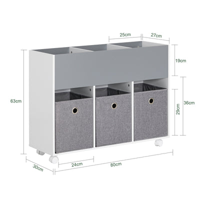 SoBuy KMB61-HG Étagère pour Enfants avec 3 Compartiments et 3 Boîtes en Tissu Amovible, Étagère pour Chambre d'enfant avec roulettes