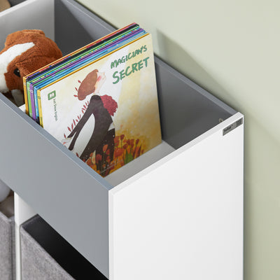 SoBuy KMB61-HG Étagère pour Enfants avec 3 Compartiments et 3 Boîtes en Tissu Amovible, Étagère pour Chambre d'enfant avec roulettes
