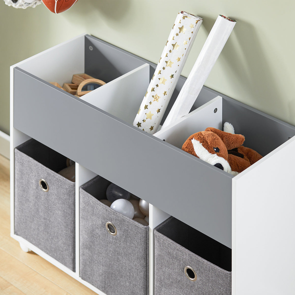 SoBuy KMB61-HG Étagère pour Enfants avec 3 Compartiments et 3 Boîtes en Tissu Amovible, Étagère pour Chambre d'enfant avec roulettes