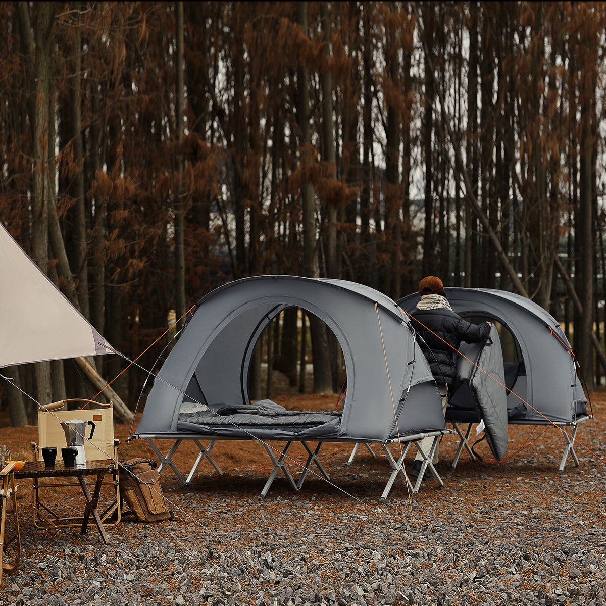 SoBuy OGS60-HG Pat pliant de camping din aluminiu ușor, 3 în 1 cu acoperiș anti-UV + saltea gonflabilă integrată + geantă de transport, 1 persoană