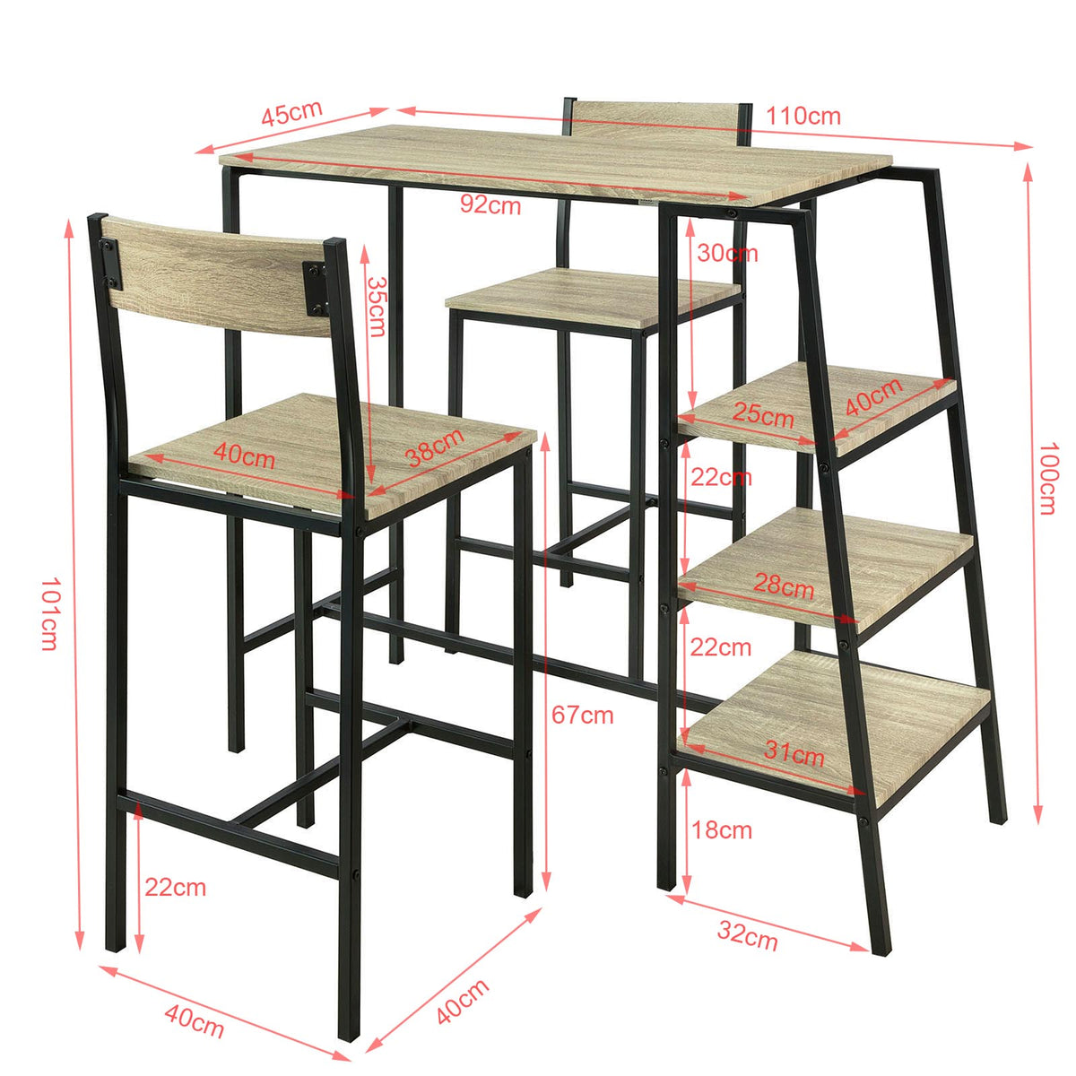 SoBuy OGT16-N Set Masă de Bar Bistro + 2 Scaune de Bar cu 3 Polițe Laterale
