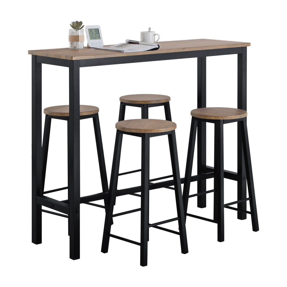 SoBuy OGT22-SCH Set de Table + 4 Tabourets de Bar Avec Repose-Pieds - Ensemble Table Haute de Cuisine Mange-Debout (Noir)