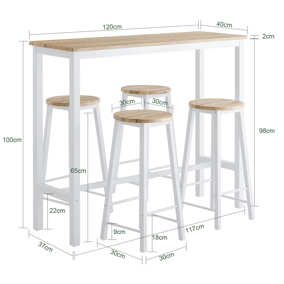 SoBuy OGT22-WN Set Masă + 4 Scaune de Bar Set Masă de Bar Bistro + 4 Scaune de Bar cu Suport pentru Picioare