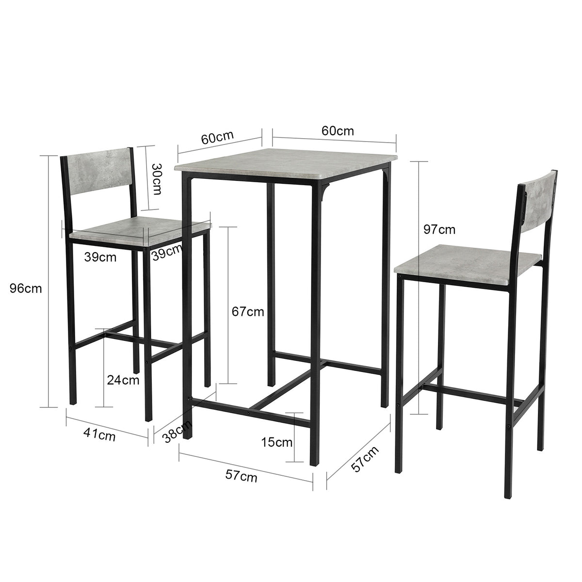 SoBuy OGT27-HG Set Masă Înaltă de Bucătărie cu 2 Scaune, Masă Bar Înaltă, Masă Tip Bar cu Scaun, Masă Bar Bucătărie, Masă Înaltă Exterior, MDF & Metal, Gri