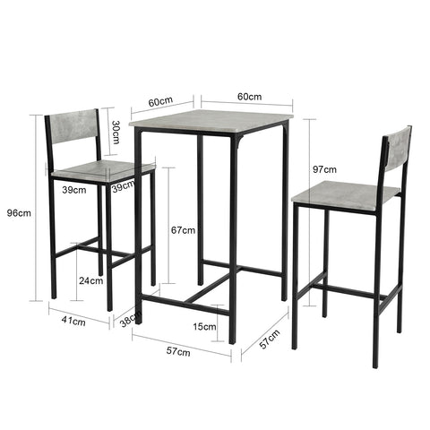 SoBuy Tabel cu 3 piese cu 2 scaune mobile cu bară în stil industrial, L60*P60*A97cm, OGT27-HG gri