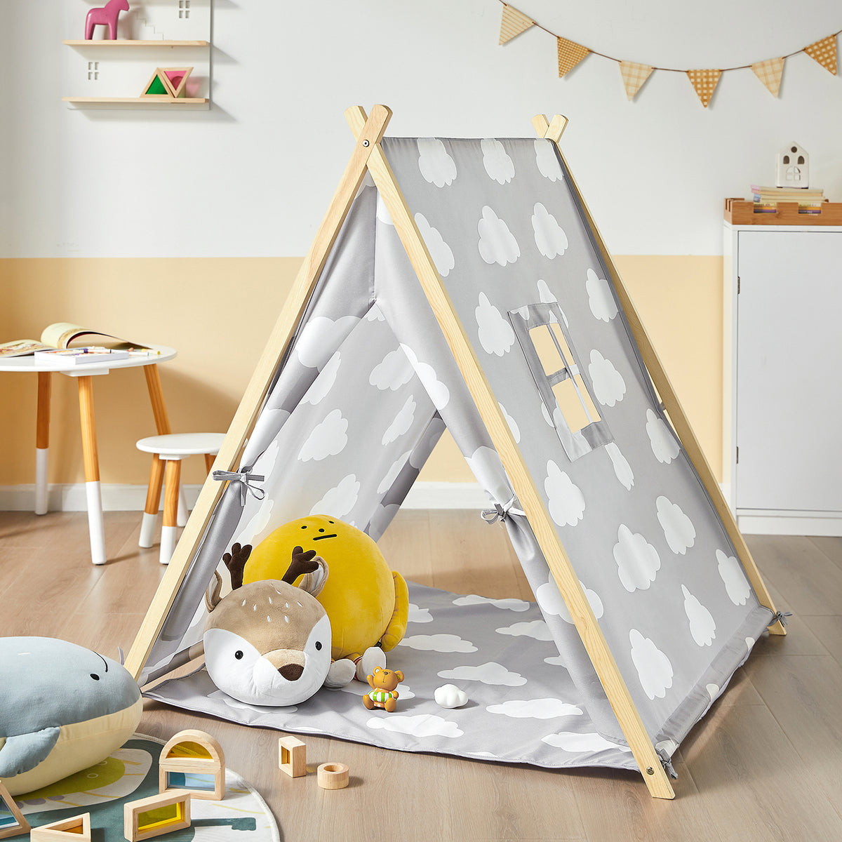SoBuy OSS02-F01 Tente de jeu pour enfant avec 2 portes et une fenêtre Gris clair
