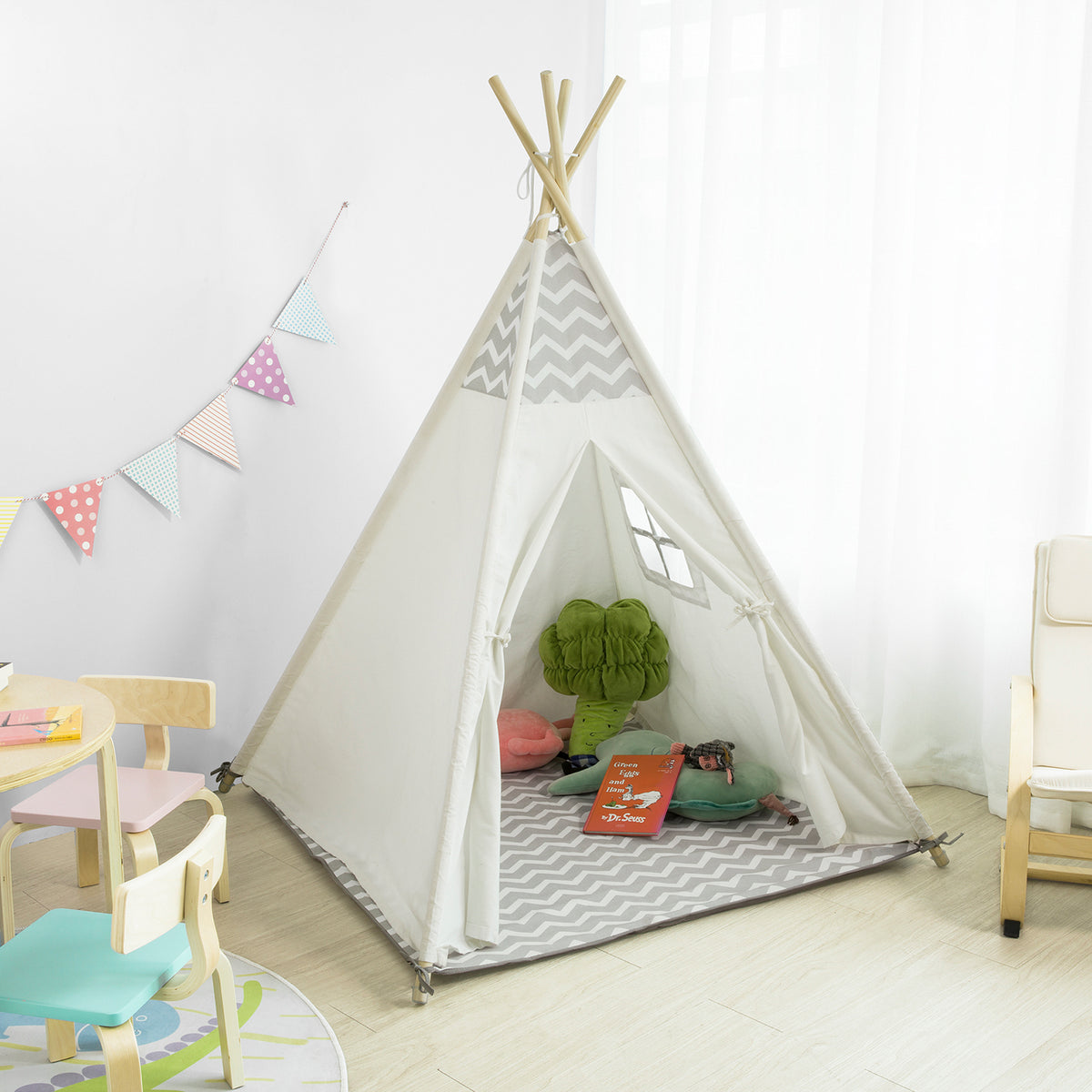 SoBuy OSS03-WHG Tipi Enfant Tente pour Enfant avec Tapis De Sol Indian Teepee Tente de Jeu pour Enfants