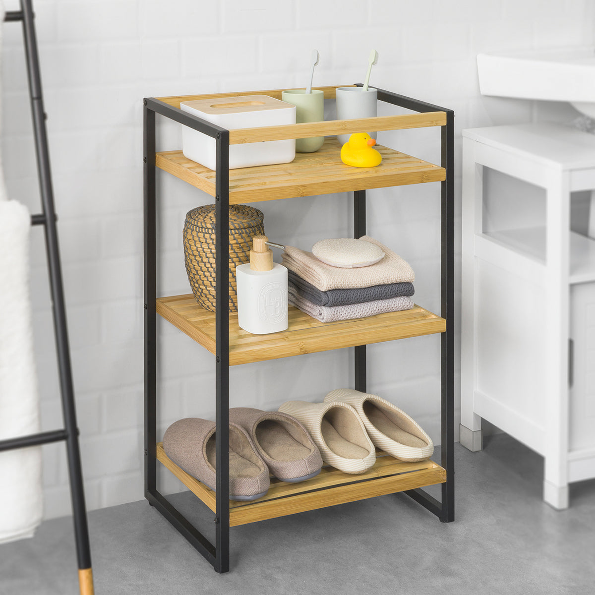 SoBuy STR05-K-N Étagère de Rangement Étagère de Salle de Bain Cuisine Étagère Debout 3 étages en Bambou et Métal