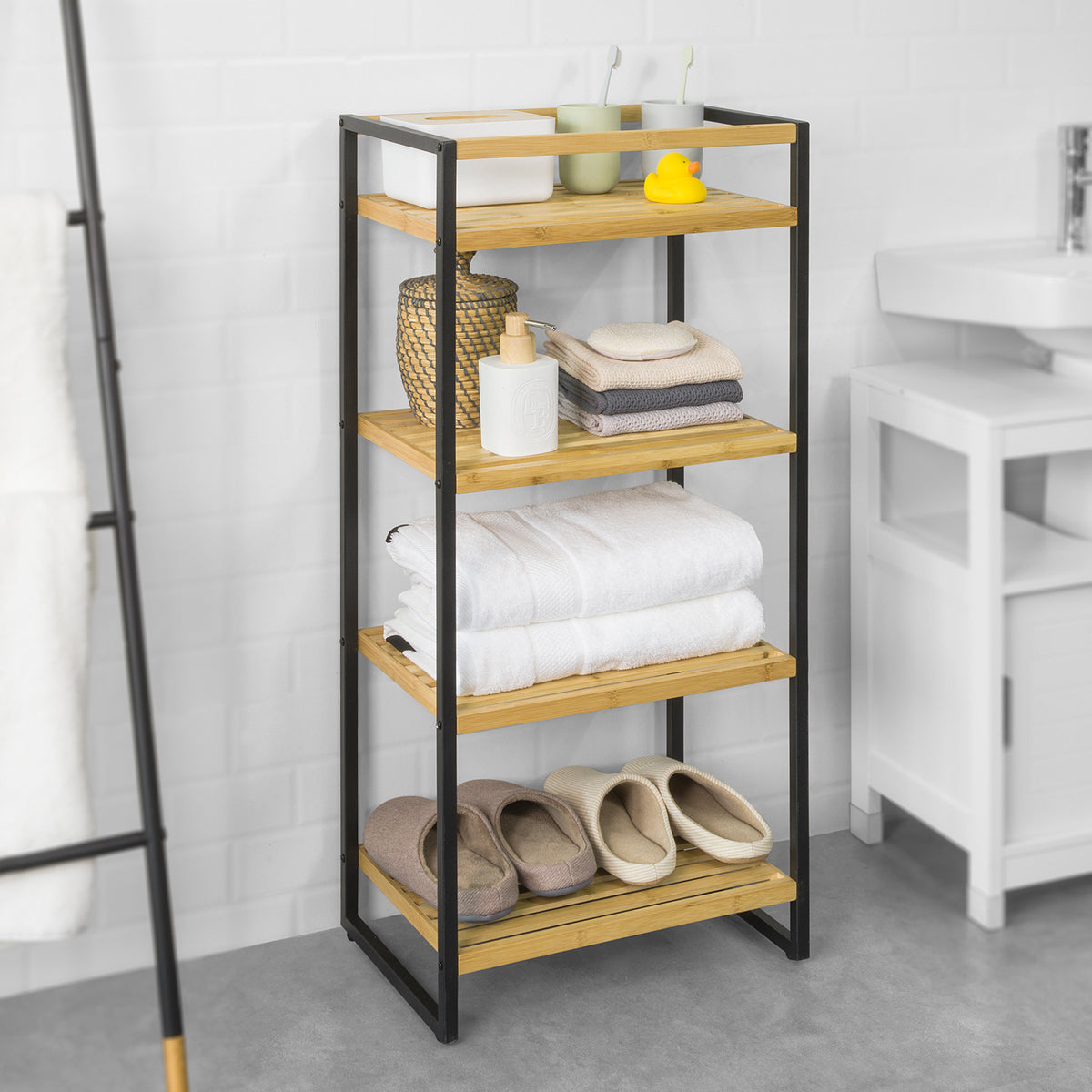 SoBuy STR05-N Étagère de Rangement Étagère de Salle de Bain Cuisine Étagère Debout 4 étages en Bambou et Métal